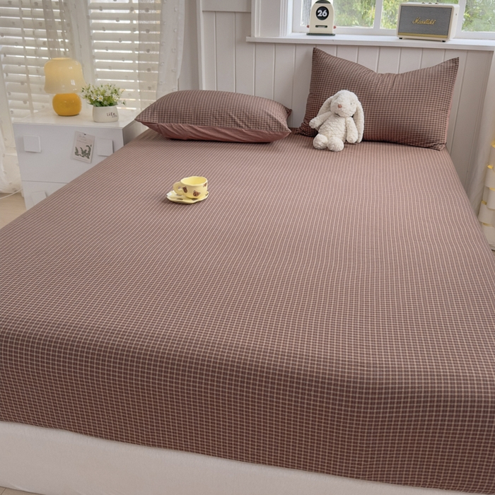 91家纺网 家纺一手货源 找家纺 晚依家纺 2025新款A类色织全棉纯棉水洗棉床笠单件纯棉格子纯色学生宿舍定制定做 沐风-焦糖