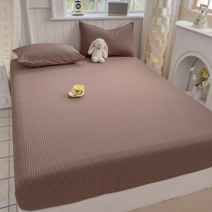 91家纺网 家纺一手货源 找家纺 晚依家纺 2025新款A类色织全棉纯棉水洗棉床笠单件纯棉格子纯色学生宿舍定制定做 沐风-焦糖