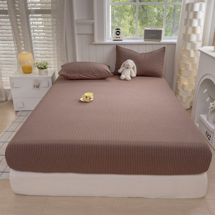 91家纺网 家纺一手货源 找家纺 晚依家纺 2025新款A类色织全棉纯棉水洗棉床笠单件纯棉格子纯色学生宿舍定制定做 沐风-焦糖