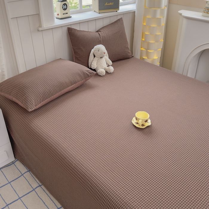 91家纺网 家纺一手货源 找家纺 晚依家纺 2025新款A类色织全棉纯棉水洗棉床笠单件纯棉格子纯色学生宿舍定制定做 沐风-焦糖