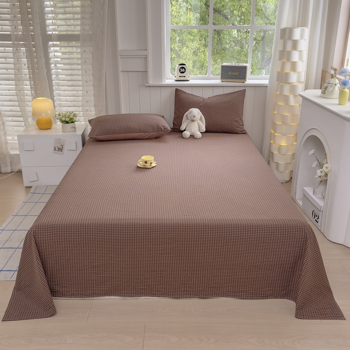 91家纺网 家纺一手货源 找家纺 晚依家纺 2025新款A类色织全棉纯棉水洗棉床笠单件纯棉格子纯色学生宿舍定制定做 沐风-焦糖