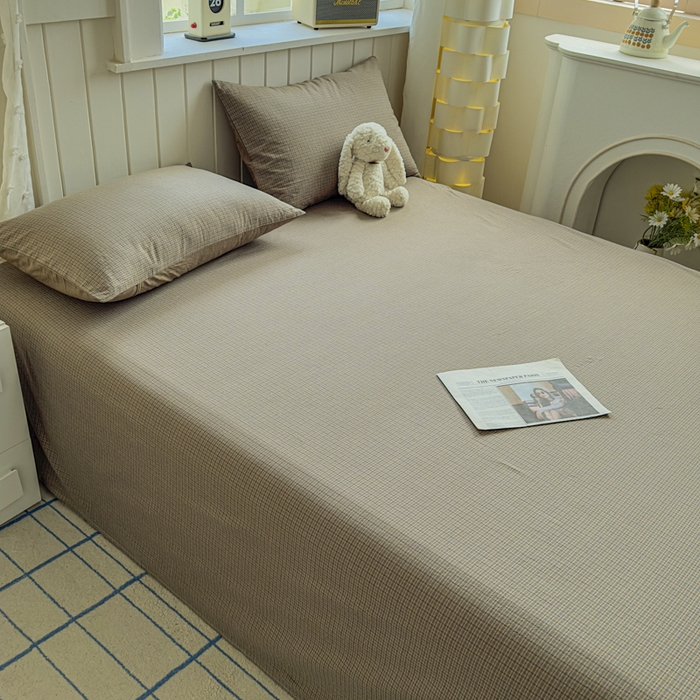 91家纺网 家纺一手货源 找家纺 晚依家纺 2025新款A类色织全棉纯棉水洗棉床笠单件纯棉格子纯色学生宿舍定制定做 沐风-兰咖