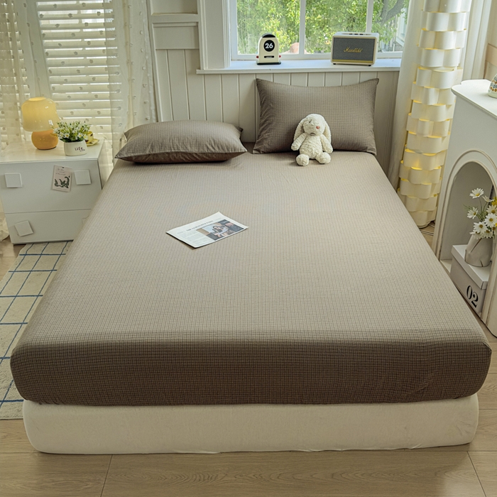 91家纺网 家纺一手货源 找家纺 晚依家纺 2025新款A类色织全棉纯棉水洗棉床笠单件纯棉格子纯色学生宿舍定制定做 沐风-兰咖