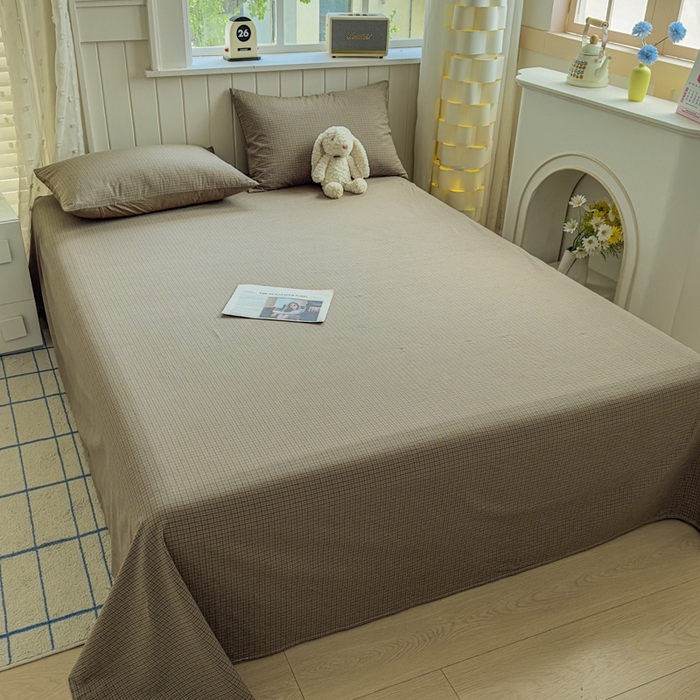 91家纺网 家纺一手货源 找家纺 晚依家纺 2025新款A类色织全棉纯棉水洗棉床笠单件纯棉格子纯色学生宿舍定制定做 沐风-兰咖