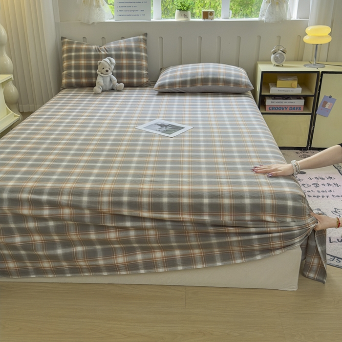 91家纺网 家纺一手货源 找家纺 晚依家纺 2025新款A类色织全棉纯棉水洗棉床笠单件纯棉格子纯色学生宿舍定制定做 诺卡-浅灰