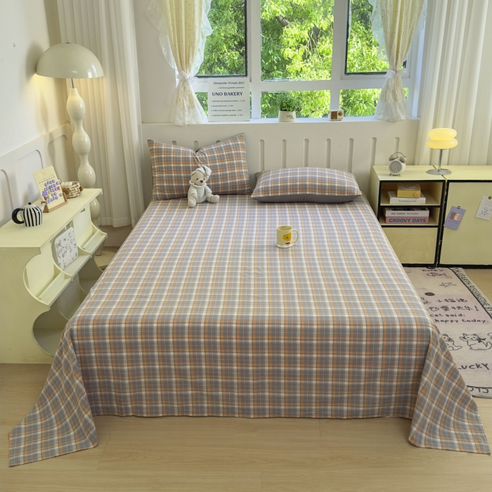 91家纺网 家纺一手货源 找家纺 晚依家纺 2025新款A类色织全棉纯棉水洗棉床笠单件纯棉格子纯色学生宿舍定制定做 映像格-橙灰