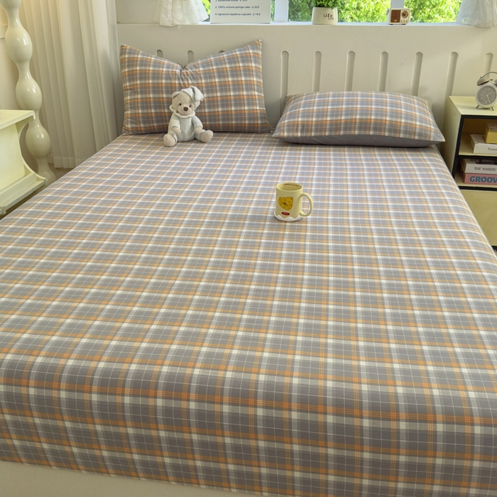 91家纺网 家纺一手货源 找家纺 晚依家纺 2025新款A类色织全棉纯棉水洗棉床笠单件纯棉格子纯色学生宿舍定制定做 映像格-橙灰