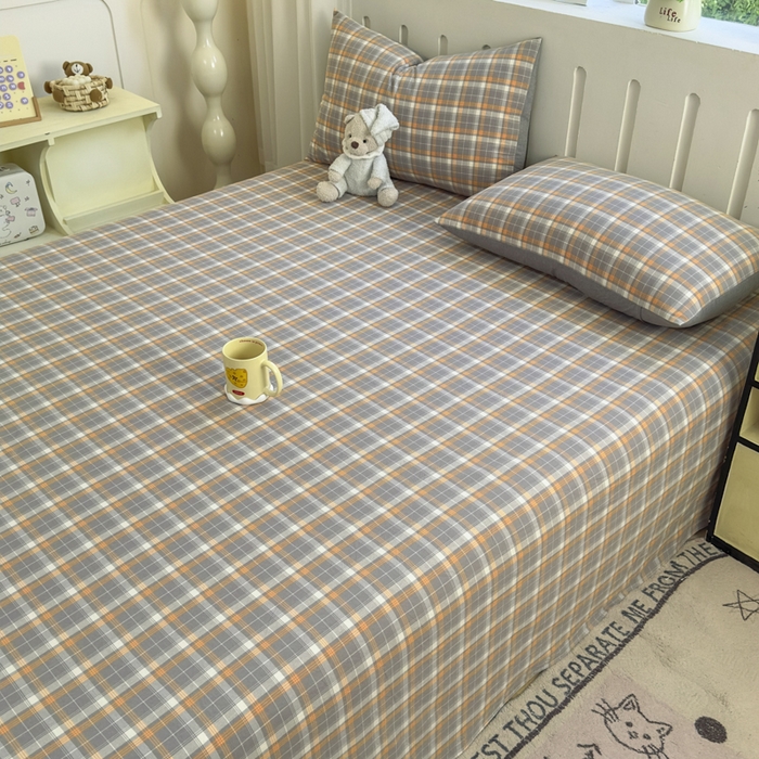 91家纺网 家纺一手货源 找家纺 晚依家纺 2025新款A类色织全棉纯棉水洗棉床笠单件纯棉格子纯色学生宿舍定制定做 映像格-橙灰