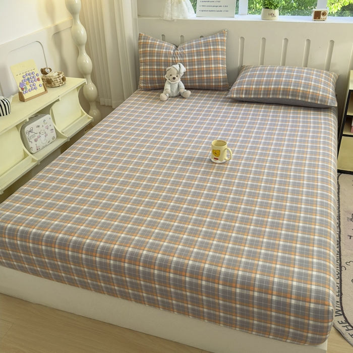 91家纺网 家纺一手货源 找家纺 晚依家纺 2025新款A类色织全棉纯棉水洗棉床笠单件纯棉格子纯色学生宿舍定制定做 映像格-橙灰