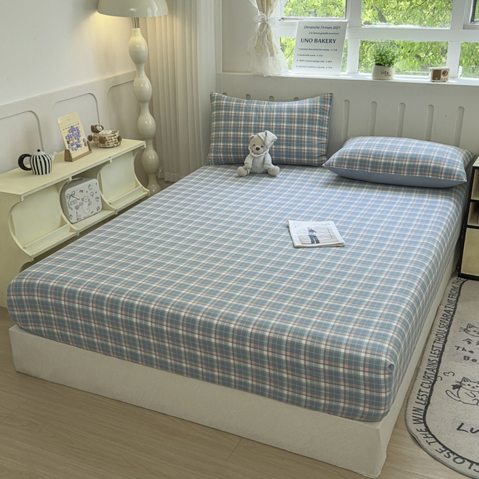 91家纺网 家纺一手货源 找家纺 晚依家纺 2025新款A类色织全棉纯棉水洗棉床笠单件纯棉格子纯色学生宿舍定制定做 映像格-蓝