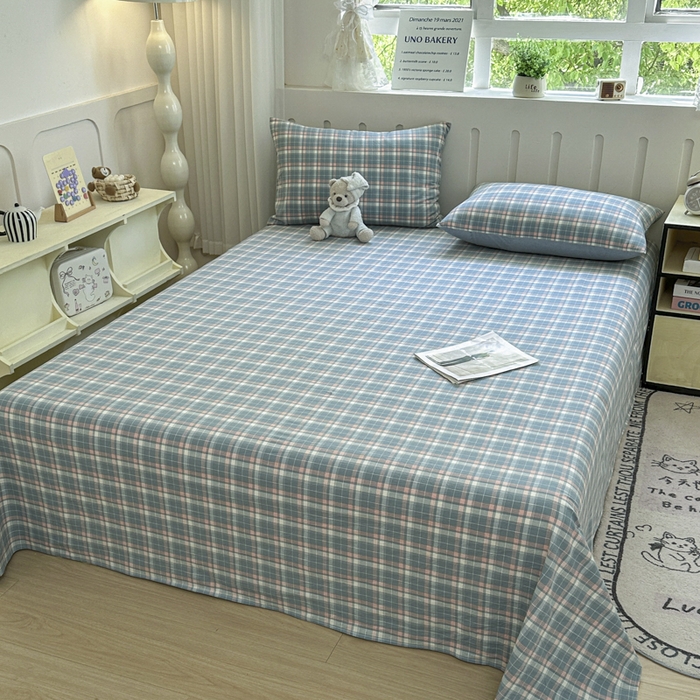 91家纺网 家纺一手货源 找家纺 晚依家纺 2025新款A类色织全棉纯棉水洗棉床笠单件纯棉格子纯色学生宿舍定制定做 映像格-蓝