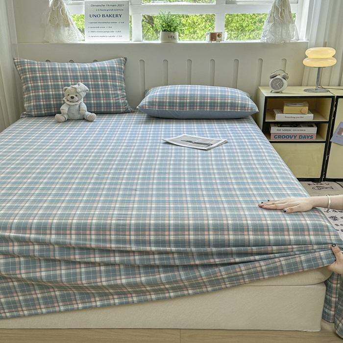 91家纺网 家纺一手货源 找家纺 晚依家纺 2025新款A类色织全棉纯棉水洗棉床笠单件纯棉格子纯色学生宿舍定制定做 映像格-蓝