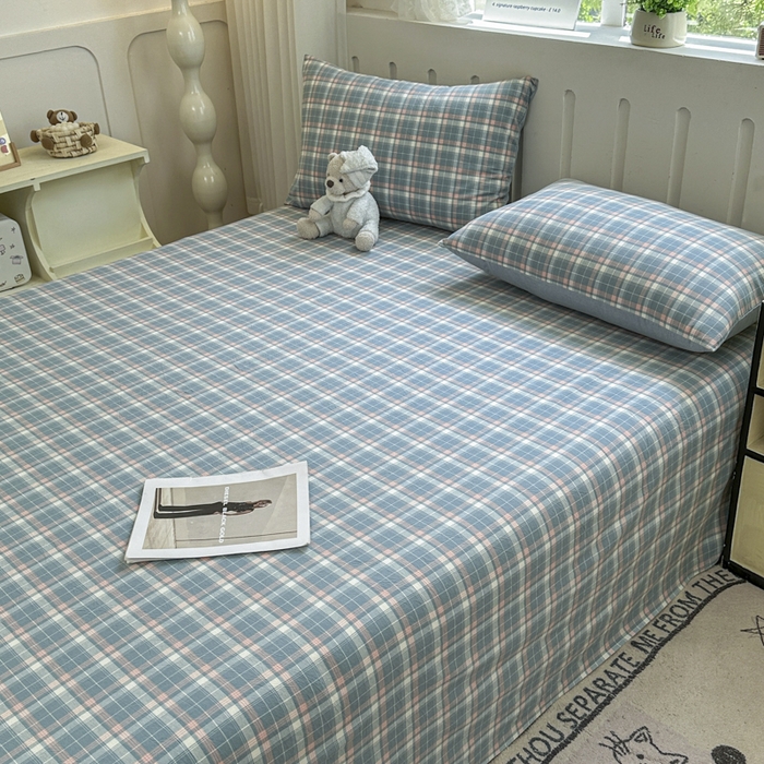 91家纺网 家纺一手货源 找家纺 晚依家纺 2025新款A类色织全棉纯棉水洗棉床笠单件纯棉格子纯色学生宿舍定制定做 映像格-蓝