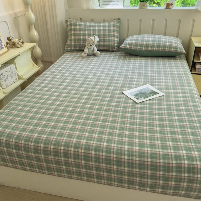 91家纺网 家纺一手货源 找家纺 晚依家纺 2025新款A类色织全棉纯棉水洗棉床笠单件纯棉格子纯色学生宿舍定制定做 映像格-绿