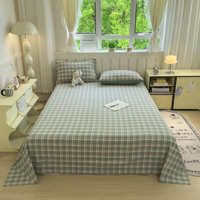 91家纺网 家纺一手货源 找家纺 晚依家纺 2025新款A类色织全棉纯棉水洗棉床笠单件纯棉格子纯色学生宿舍定制定做 映像格-绿