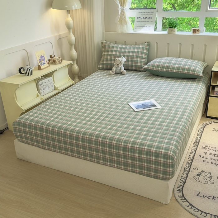 91家纺网 家纺一手货源 找家纺 晚依家纺 2025新款A类色织全棉纯棉水洗棉床笠单件纯棉格子纯色学生宿舍定制定做 映像格-绿