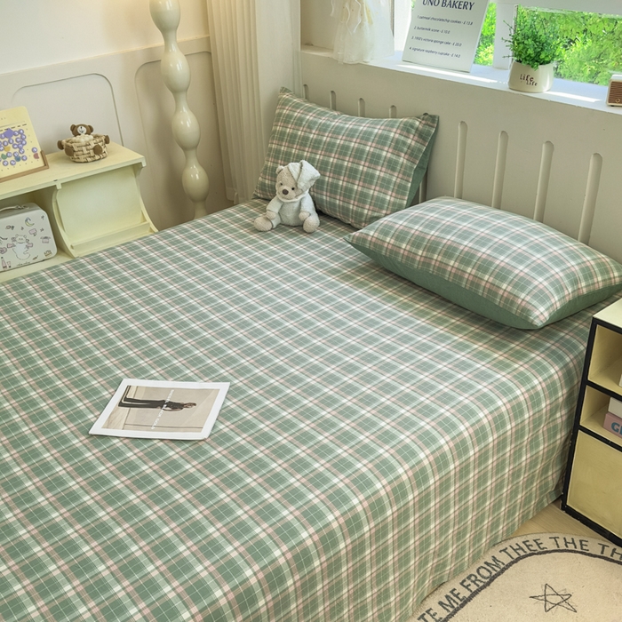 91家纺网 家纺一手货源 找家纺 晚依家纺 2025新款A类色织全棉纯棉水洗棉床笠单件纯棉格子纯色学生宿舍定制定做 映像格-绿