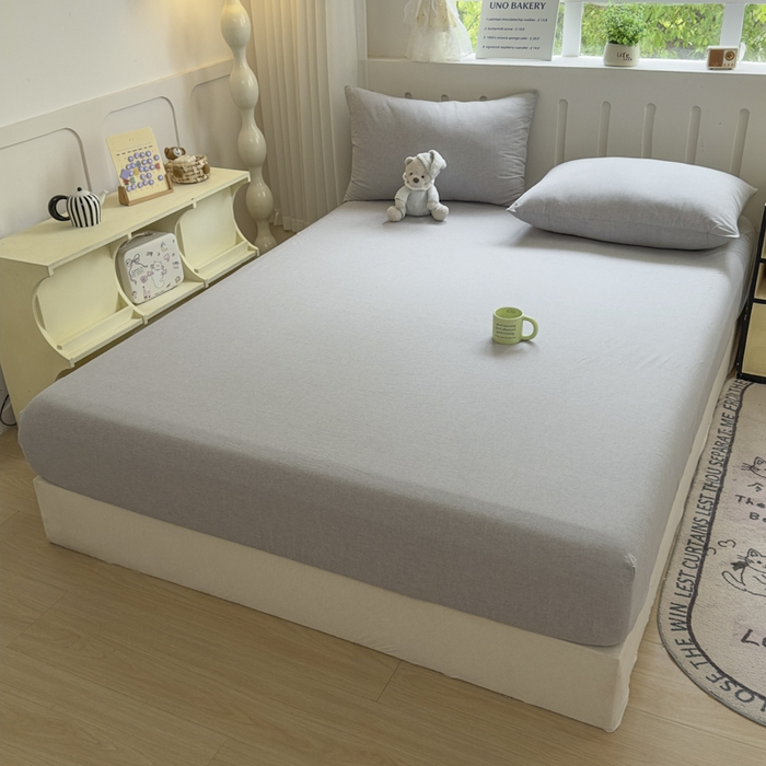 91家纺网 家纺一手货源 找家纺 晚依家纺 2025新款A类色织全棉纯棉水洗棉床笠单件纯棉格子纯色学生宿舍定制定做 纯色-浅灰