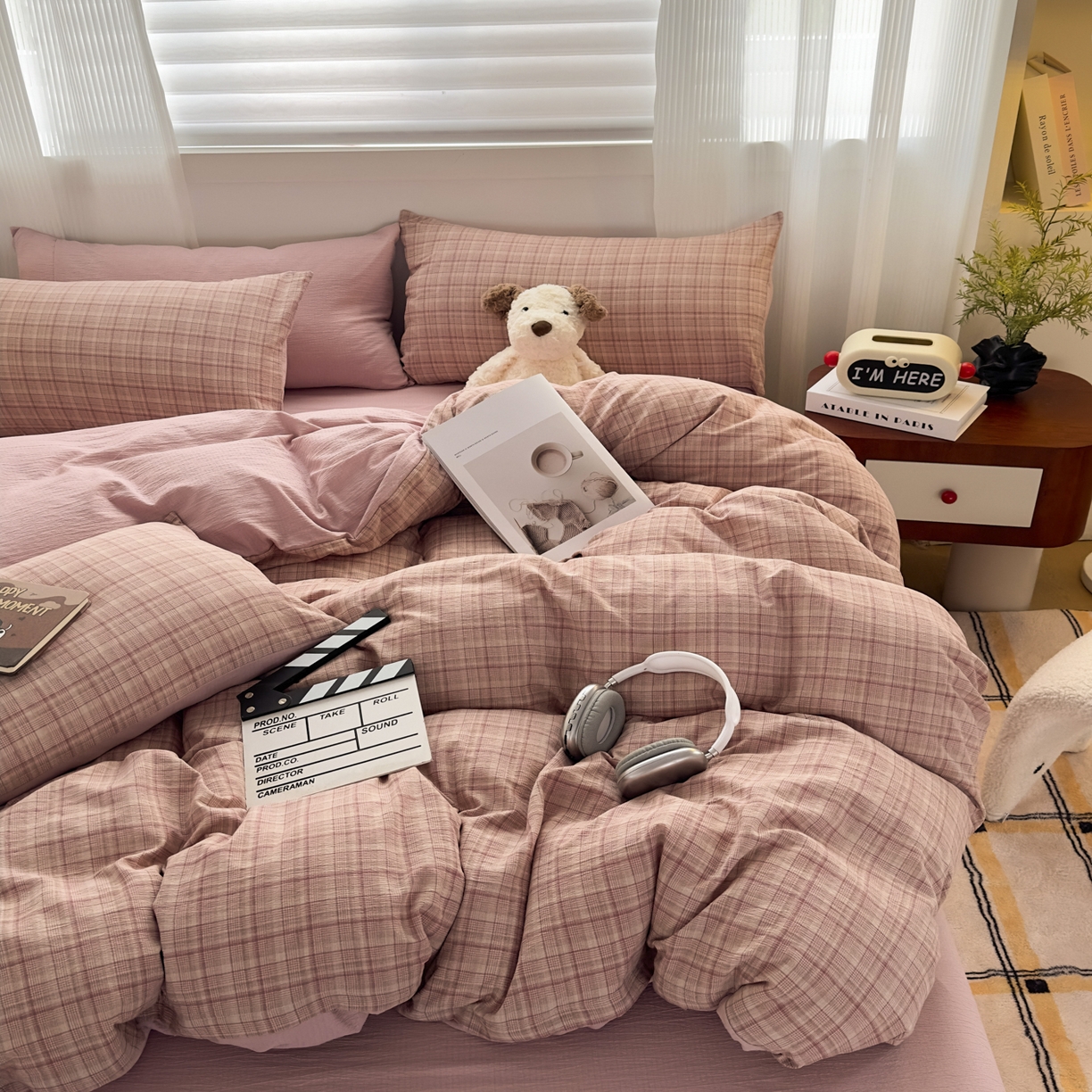 亨通家纺 2025新款复古原麻双层纱格子系列四件套 粉格甜梦