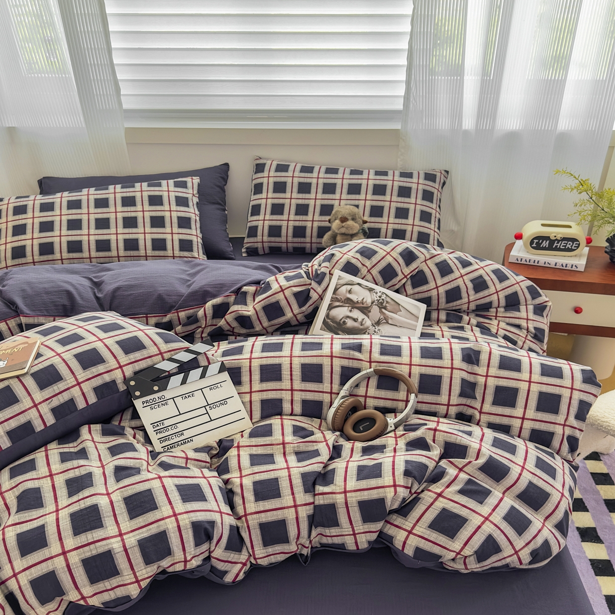 91家纺网 家纺一手货源 找家纺 （总）亨通家纺 2025新款复古原麻双层纱格子系列四件套