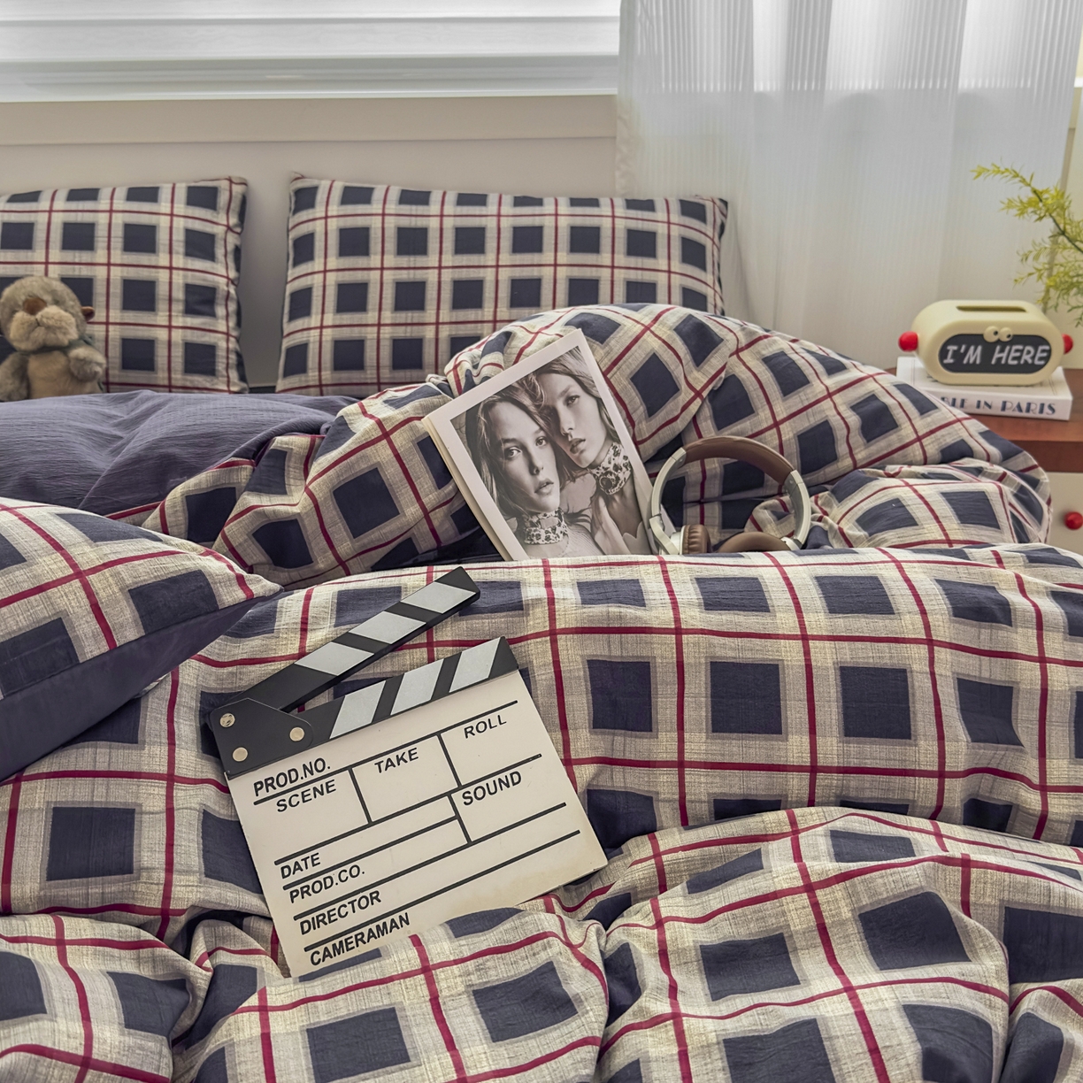 91家纺网 家纺一手货源 找家纺 亨通家纺 2025新款复古原麻双层纱格子系列四件套 格纹夜曲