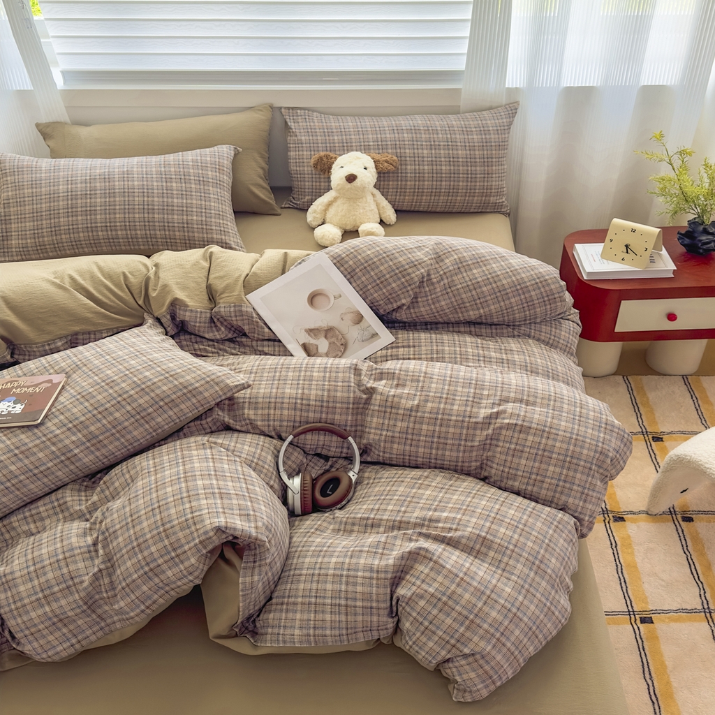 91家纺网 家纺一手货源 找家纺 （总）亨通家纺 2025新款复古原麻双层纱格子系列四件套