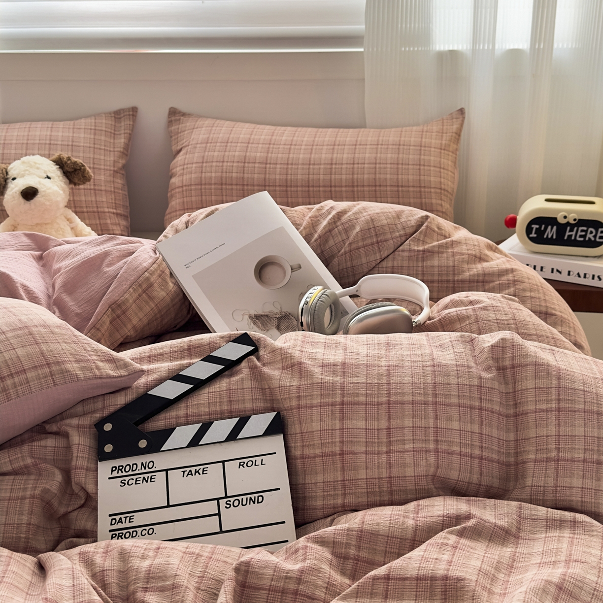 91家纺网 家纺一手货源 找家纺 亨通家纺 2025新款复古原麻双层纱格子系列四件套 粉格甜梦