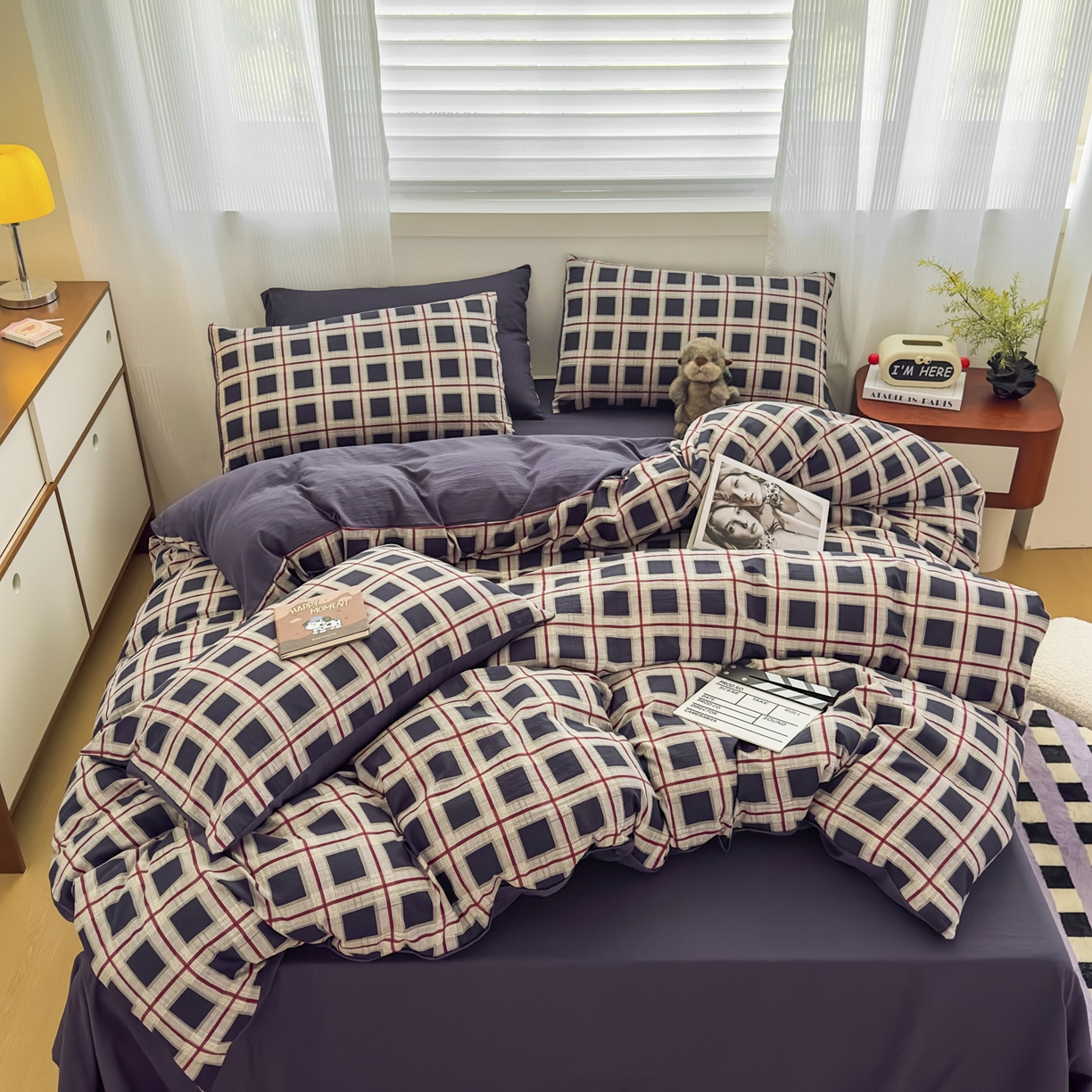 91家纺网 家纺一手货源 找家纺 亨通家纺 2025新款复古原麻双层纱格子系列四件套 格纹夜曲