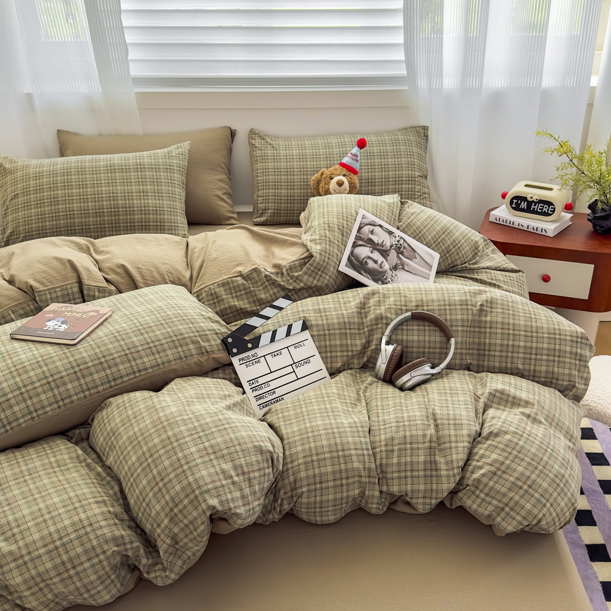 91家纺网 家纺一手货源 找家纺 （总）亨通家纺 2025新款复古原麻双层纱格子系列四件套