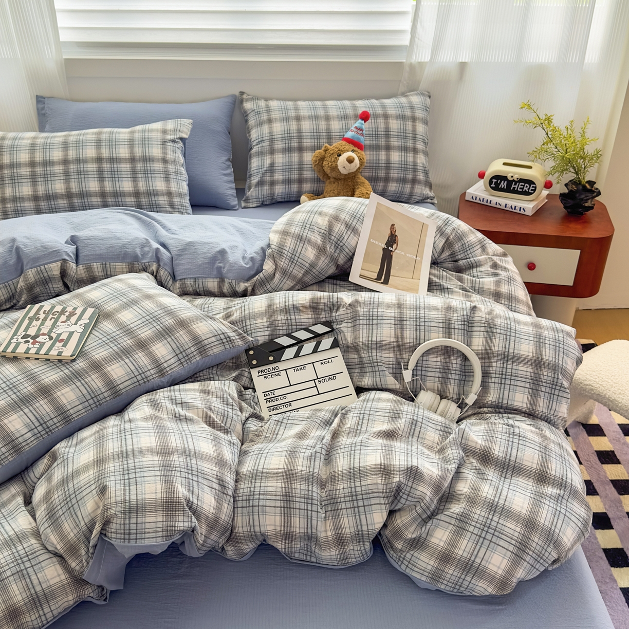 91家纺网 家纺一手货源 找家纺 （总）亨通家纺 2025新款复古原麻双层纱格子系列四件套