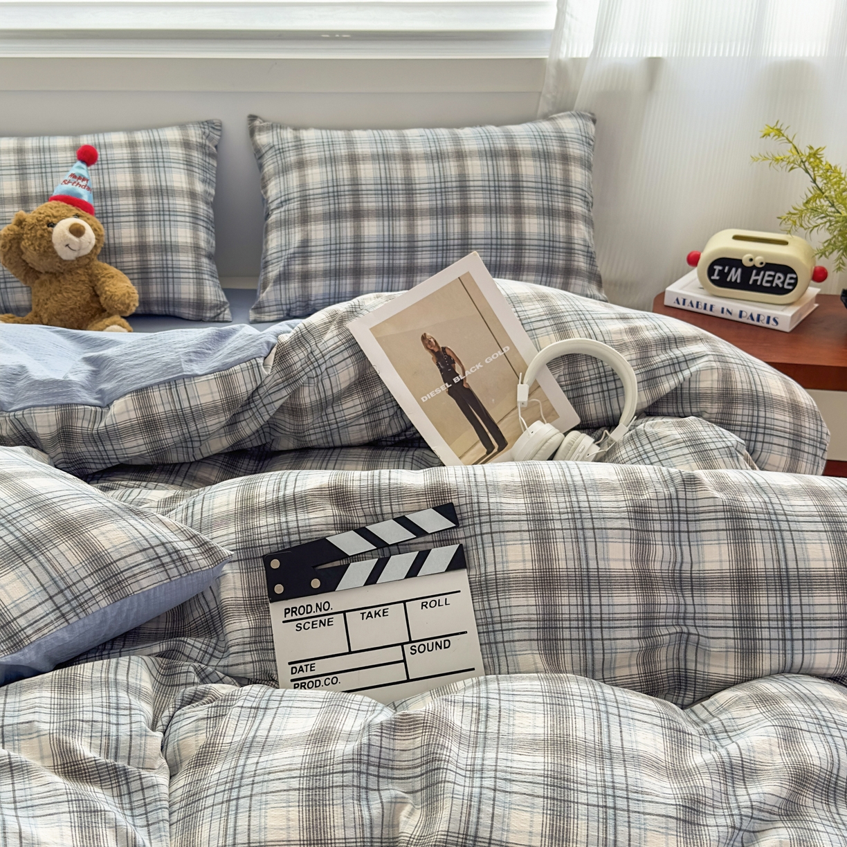 91家纺网 家纺一手货源 找家纺 亨通家纺 2025新款复古原麻双层纱格子系列四件套 蓝调格眠