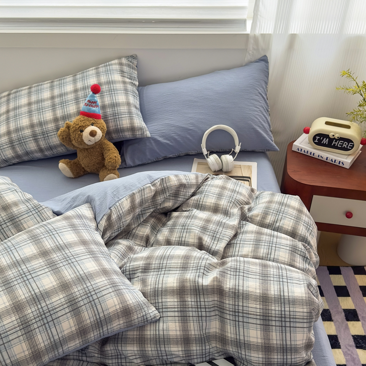 91家纺网 家纺一手货源 找家纺 亨通家纺 2025新款复古原麻双层纱格子系列四件套 蓝调格眠