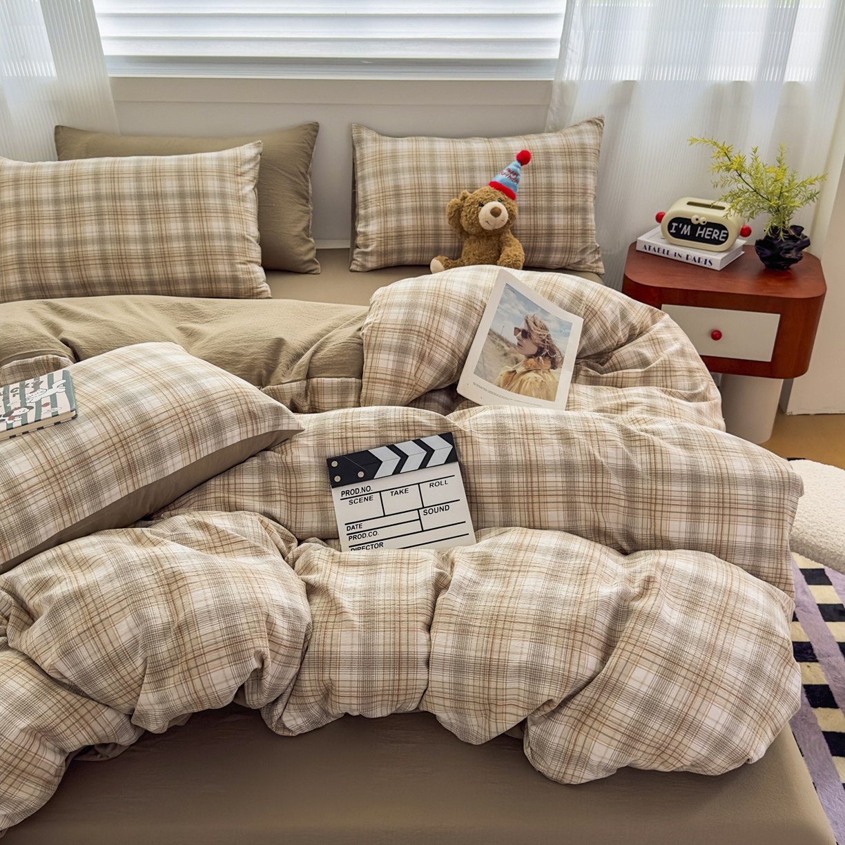 亨通家纺 2025新款复古原麻双层纱格子系列四件套 格韵暖眠