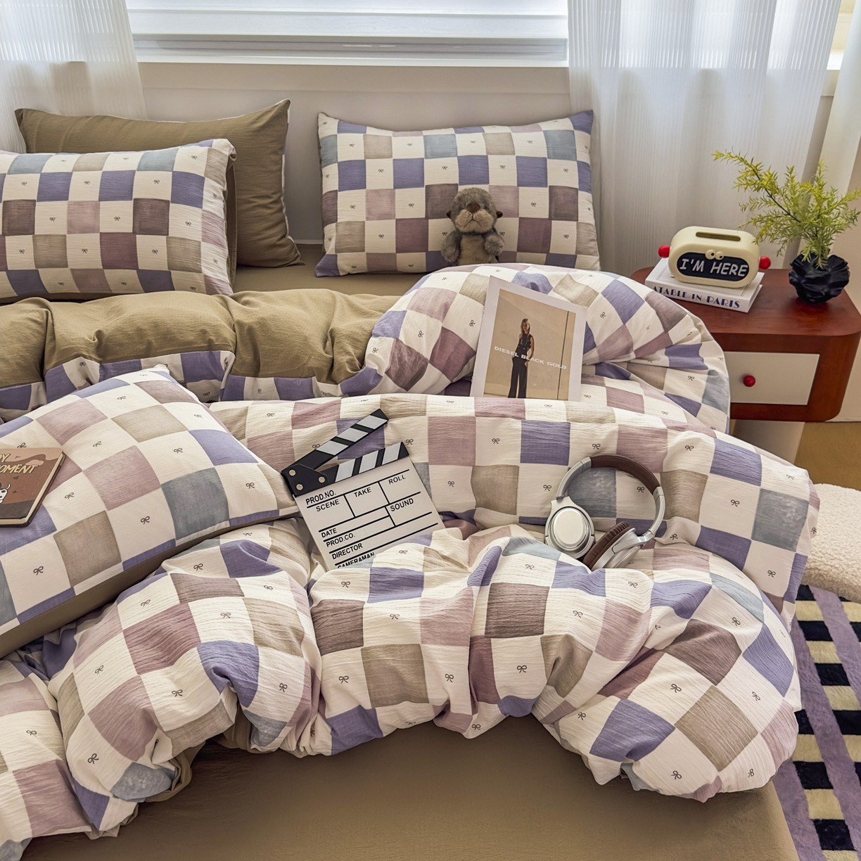 91家纺网 家纺一手货源 找家纺 （总）亨通家纺 2025新款复古原麻双层纱格子系列四件套