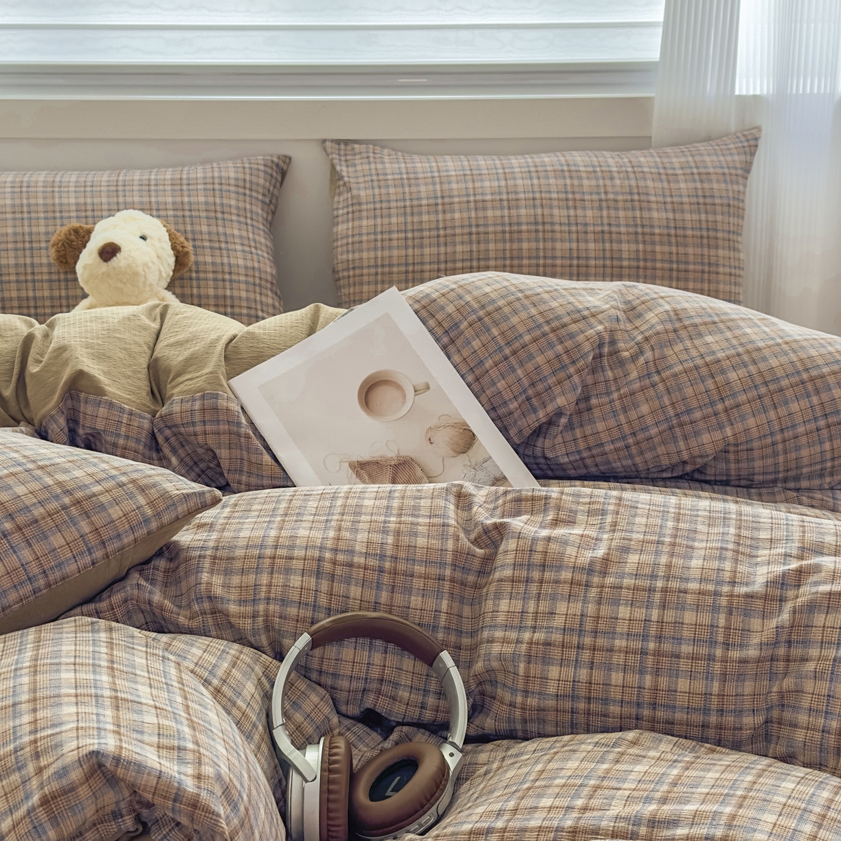 91家纺网 家纺一手货源 找家纺 亨通家纺 2025新款复古原麻双层纱格子系列四件套 暖棕絮语