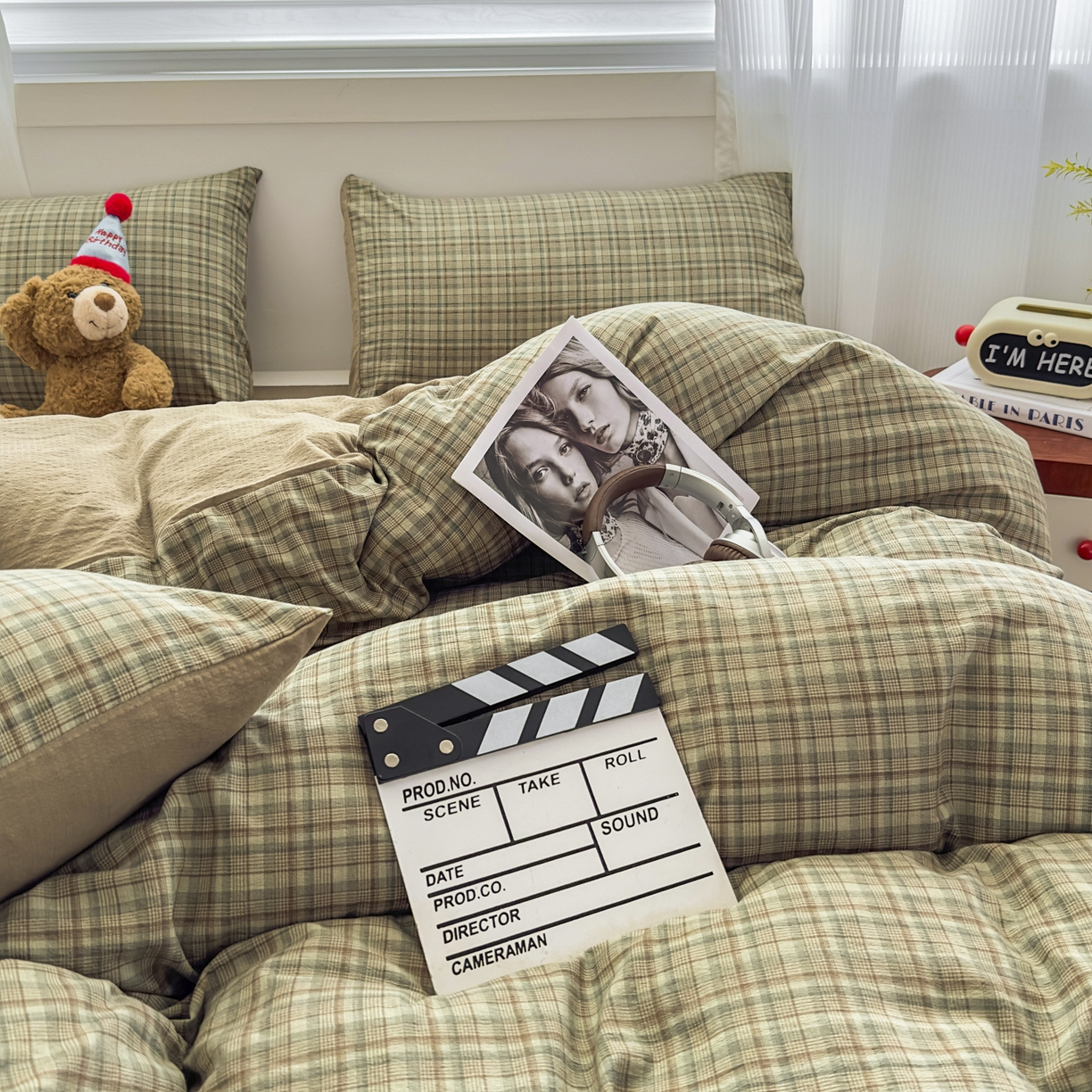 91家纺网 家纺一手货源 找家纺 亨通家纺 2025新款复古原麻双层纱格子系列四件套 青格漫眠