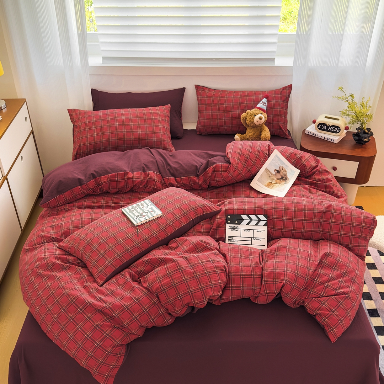 91家纺网 家纺一手货源 找家纺 （总）亨通家纺 2025新款复古原麻双层纱格子系列四件套