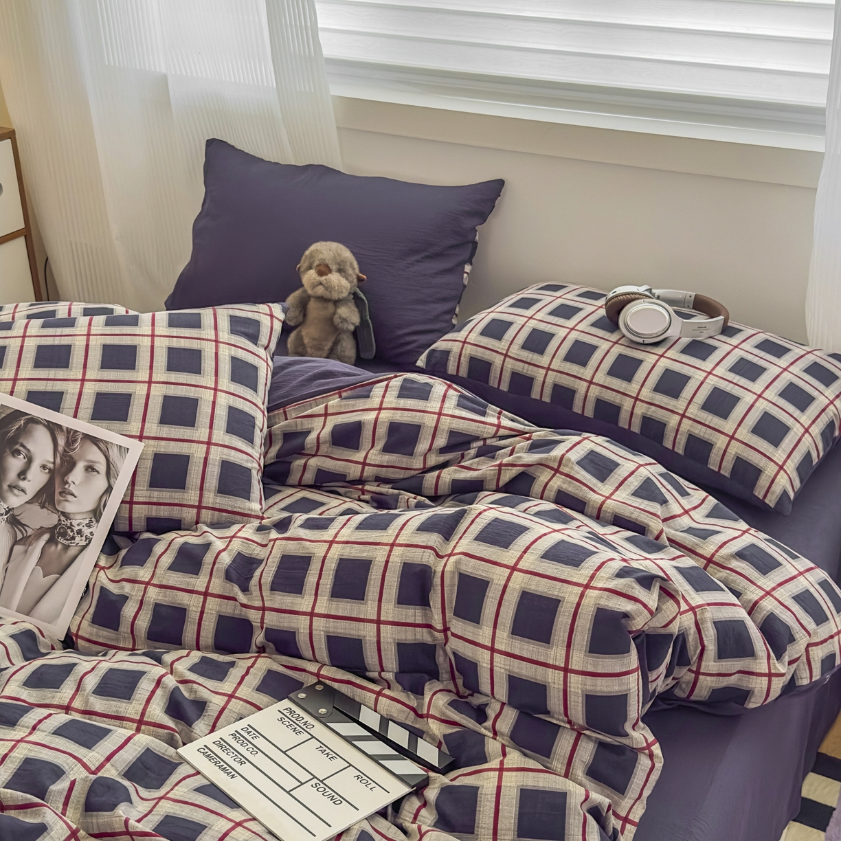 91家纺网 家纺一手货源 找家纺 亨通家纺 2025新款复古原麻双层纱格子系列四件套 格纹夜曲