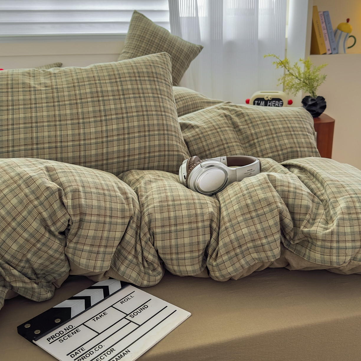 91家纺网 家纺一手货源 找家纺 亨通家纺 2025新款复古原麻双层纱格子系列四件套 青格漫眠