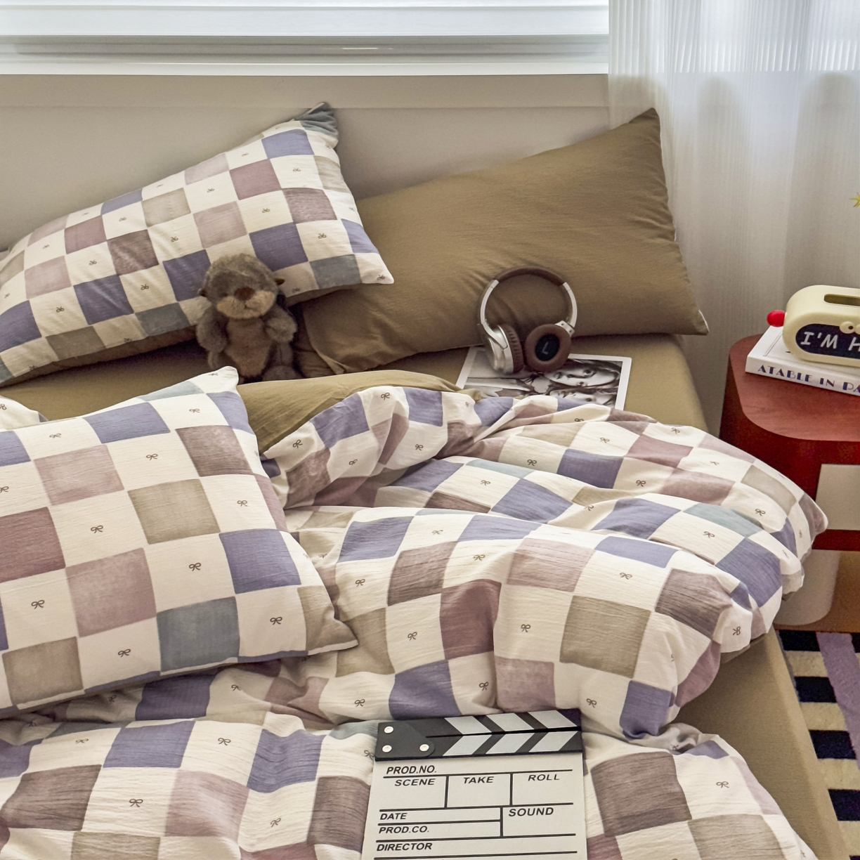 91家纺网 家纺一手货源 找家纺 亨通家纺 2025新款复古原麻双层纱格子系列四件套 漫格温情