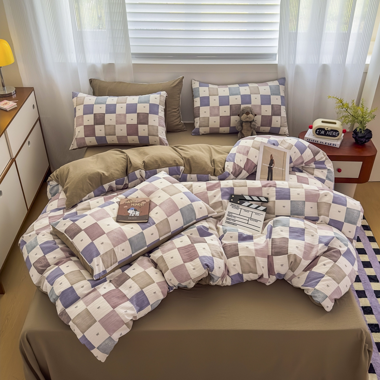 91家纺网 家纺一手货源 找家纺 亨通家纺 2025新款复古原麻双层纱格子系列四件套 漫格温情