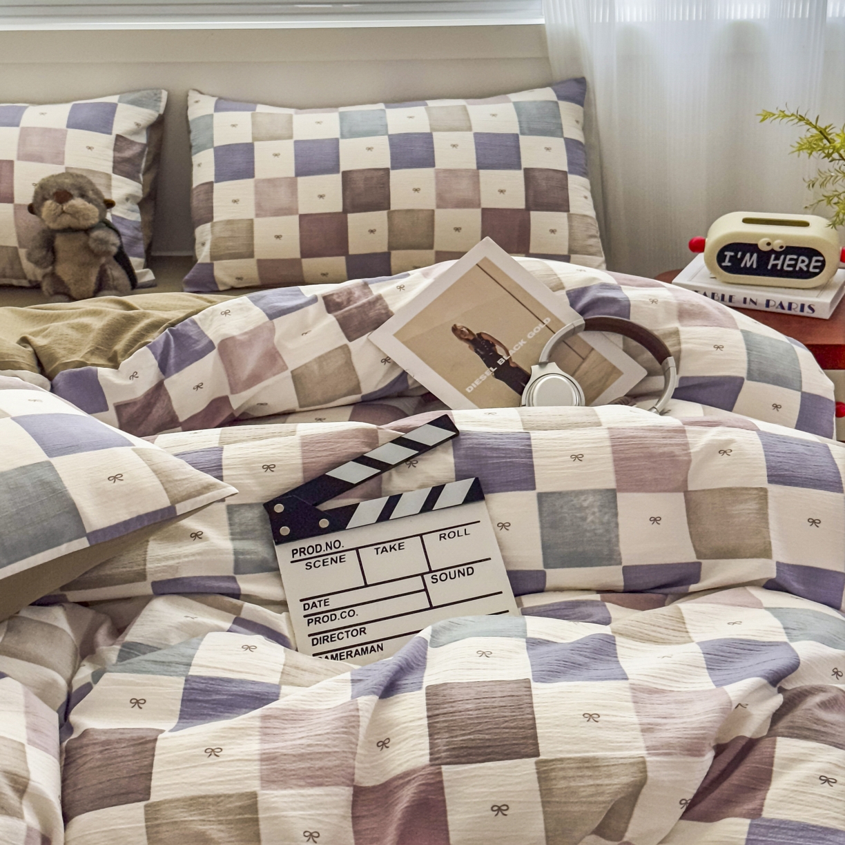 91家纺网 家纺一手货源 找家纺 亨通家纺 2025新款复古原麻双层纱格子系列四件套 漫格温情