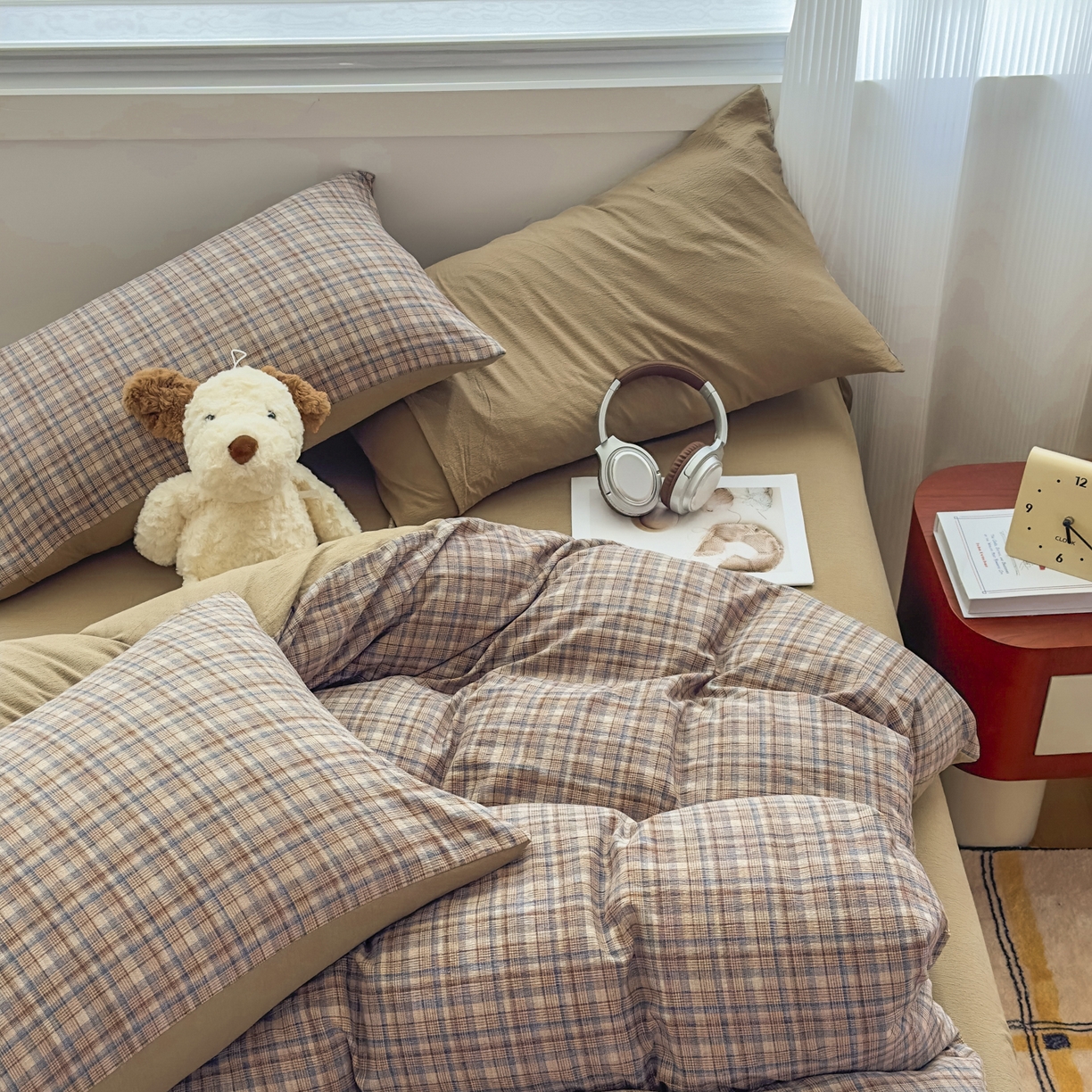 91家纺网 家纺一手货源 找家纺 亨通家纺 2025新款复古原麻双层纱格子系列四件套 暖棕絮语