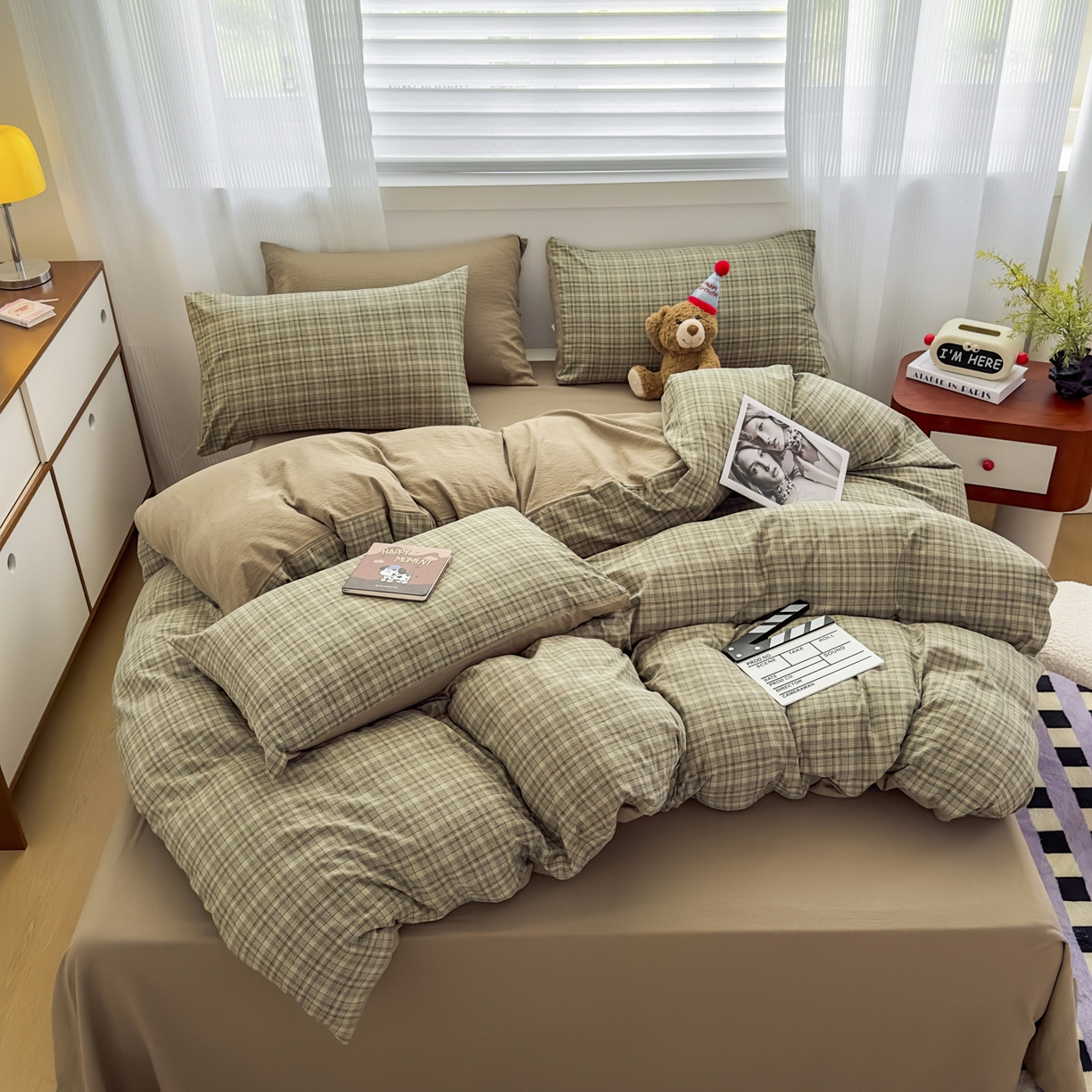 91家纺网 家纺一手货源 找家纺 亨通家纺 2025新款复古原麻双层纱格子系列四件套 青格漫眠