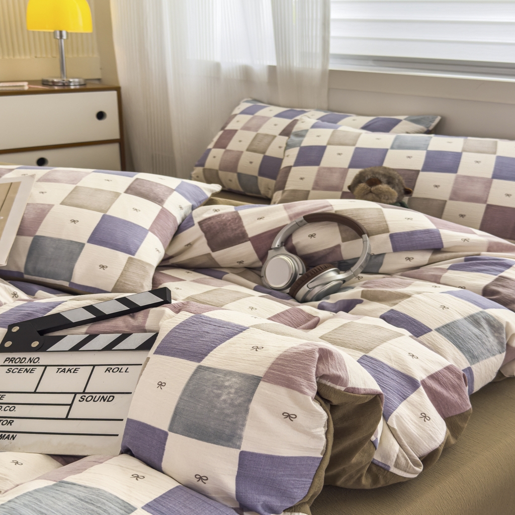 91家纺网 家纺一手货源 找家纺 亨通家纺 2025新款复古原麻双层纱格子系列四件套 漫格温情