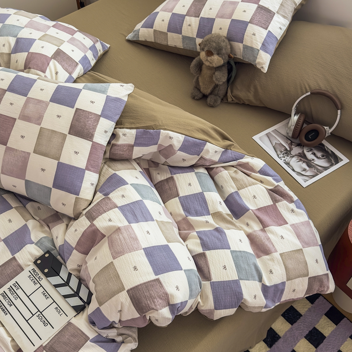 91家纺网 家纺一手货源 找家纺 亨通家纺 2025新款复古原麻双层纱格子系列四件套 漫格温情