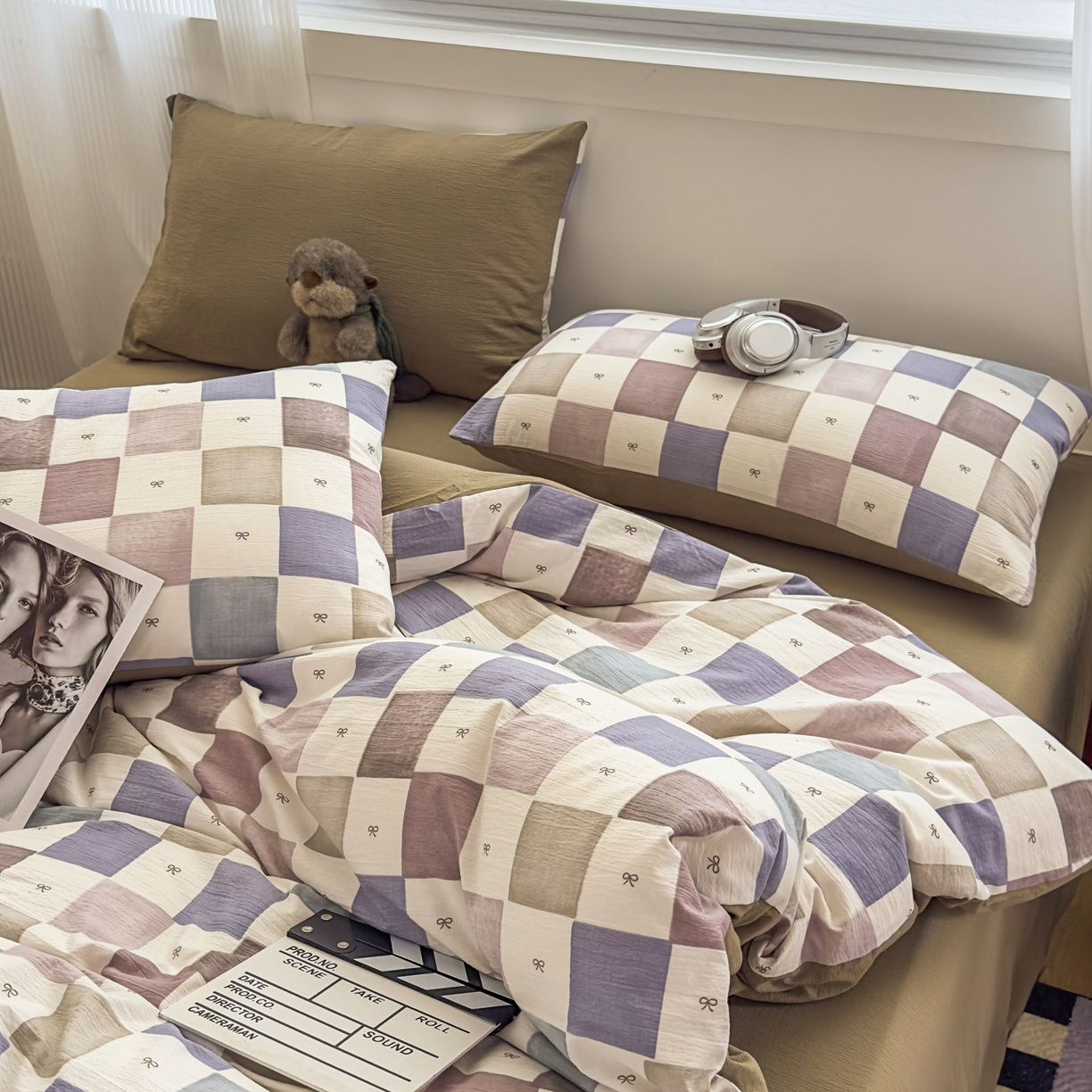 91家纺网 家纺一手货源 找家纺 亨通家纺 2025新款复古原麻双层纱格子系列四件套 漫格温情