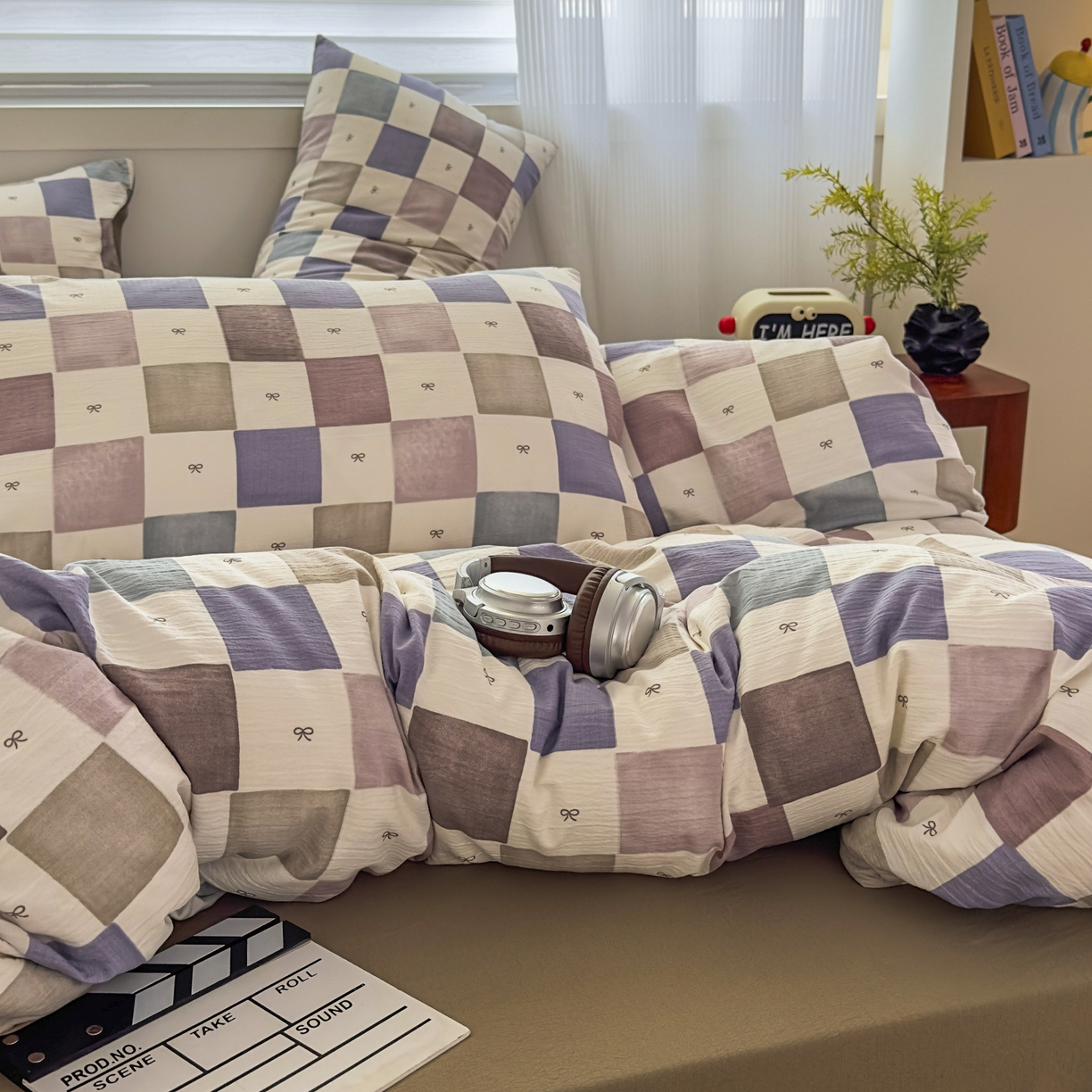 91家纺网 家纺一手货源 找家纺 亨通家纺 2025新款复古原麻双层纱格子系列四件套 漫格温情