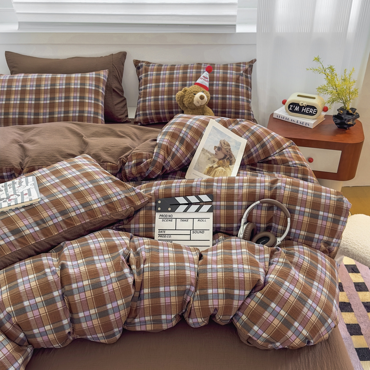 91家纺网 家纺一手货源 找家纺 （总）亨通家纺 2025新款复古原麻双层纱格子系列四件套