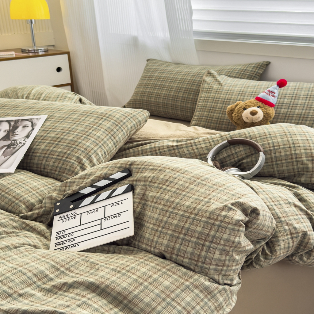 91家纺网 家纺一手货源 找家纺 亨通家纺 2025新款复古原麻双层纱格子系列四件套 青格漫眠